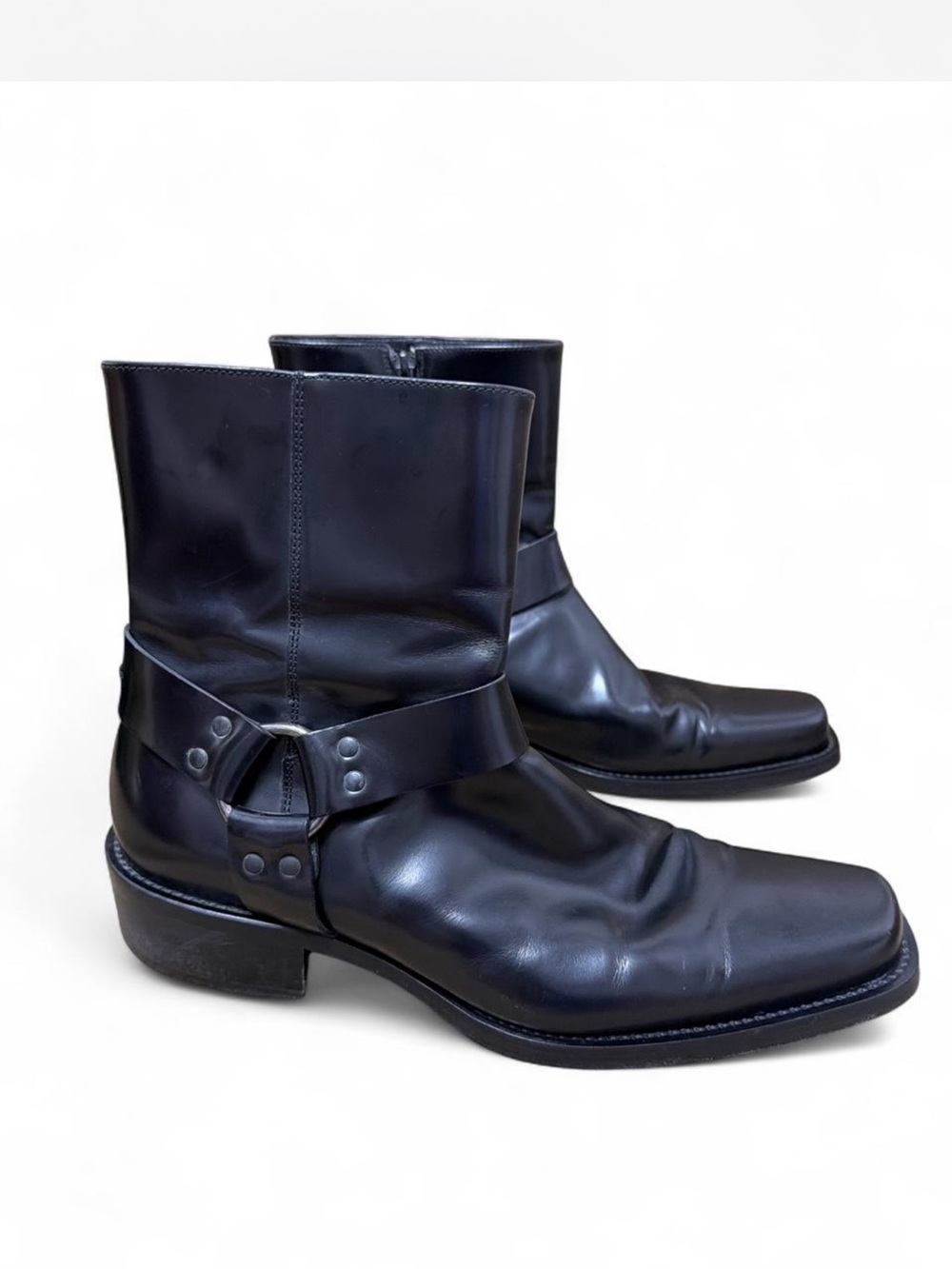 Men’s Via Spiga Black Leather Harness Ankle Boots Size 11 Italy Made Square Toes